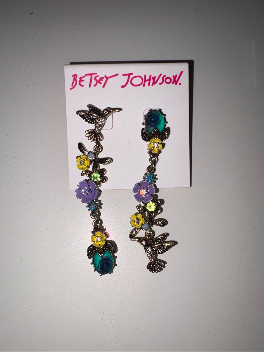 Betsey Johnson Teal, Purple & Yellow Floral Hummingbird Drop Earrings